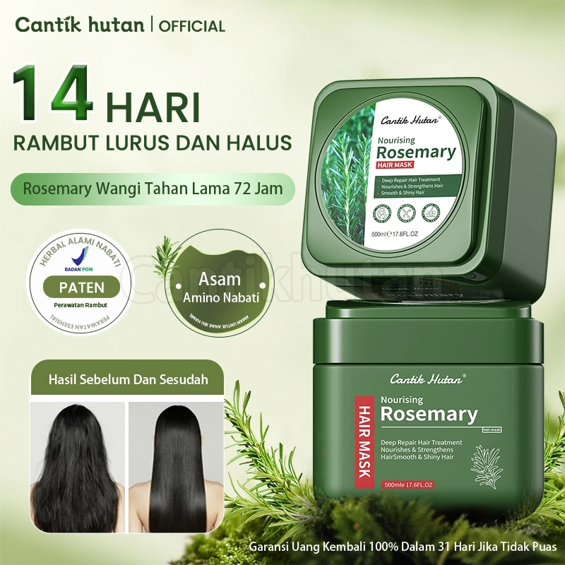 Cantik Hutan Hair Mask Rosemary & Keratin | Krim Pelurus Rambut Rusak, Kering & Mengembang | Hair Spa Treatment Alami 500ML | No SLS & Wangi Herbal Pelurus Rambut Lembab Dan Halus