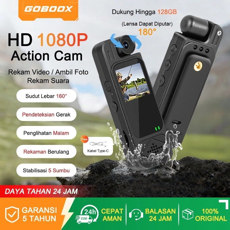 GOBOOX Action Cam HD 1080P Dudukan Dada Rotasi 180° Action Kamera Mini Vlog Camera Sudut Lebar 160° Deteksi Gerak Rekaman Siklus Visi Malam Inframerah Kamera Action Rekam Video Ambil Foto Rekam Suara