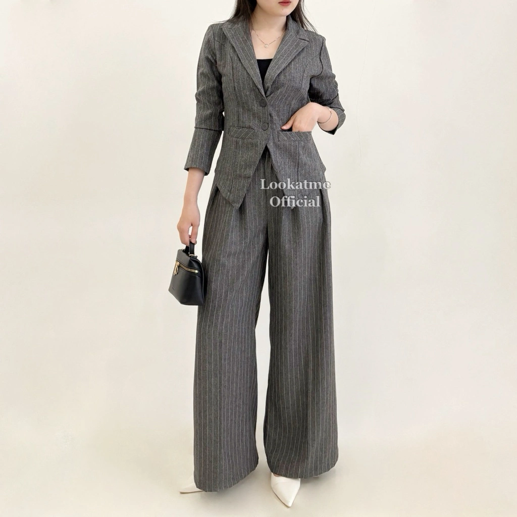 CALIFORNIA SET - Setelan Formal Blazer Stripe Longsleeve Celana Panjang Highwaist Kulot Wanita / Setelan Stripe Kerja Kantor Basic Bahan Semiwool Premium