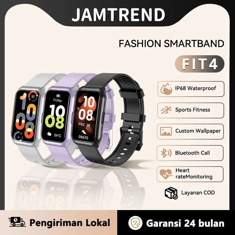 JAMTREND Smart Band FIT4 Bluetooth  | Pria Pemantauan Kesehatan|Jam tangan olahraga untuk lari dan berenang | Mendaki gunung dan bersepeda di luar ruangan | Tahan air profesional | Custom Wallpaper | for IOS & Android