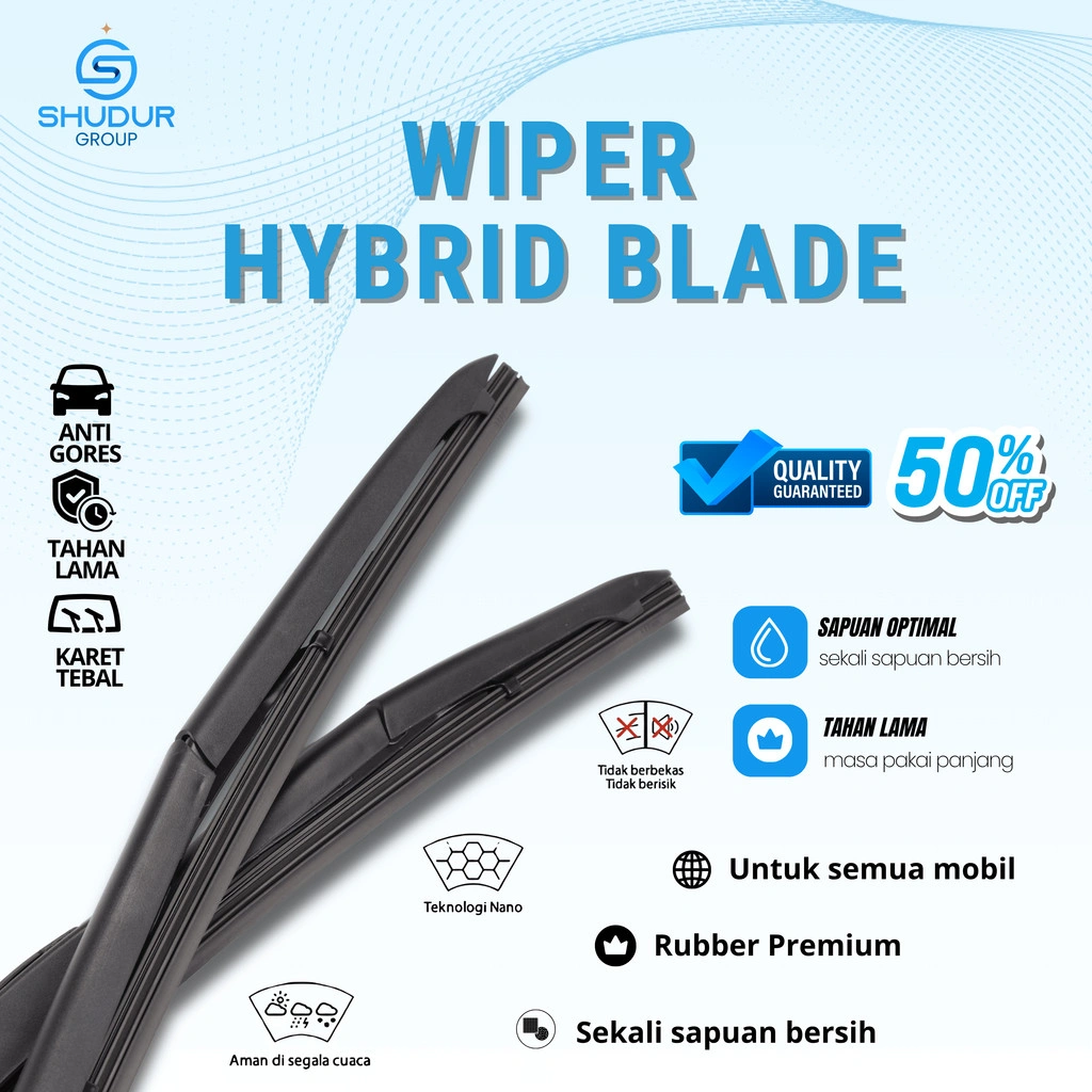 Wiper Kaca Mobil HYBRID 2 Pcs UNIVERSAL Semua Mobil HOOK U/J - Wifer Mobil Universal Blade Hybrid Sepasang 2 Pcs Semua Mobil