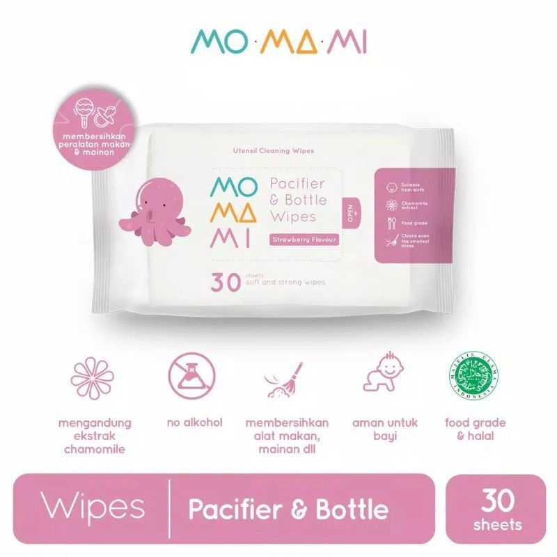 MOMAMI - Tissue Basah Pacifier And Bottle Wipes 30 / TisU Basah Bayi Pembersih Peralatan Dot Bayi Strawberry / Momami Baby Pacifier / Tisu Basah Untuk Membersihkan Peralatan Makan Dot Botol Susu Bayi / Tissu Basah Momami Pacifier / Tisu Momami Botol Bayi