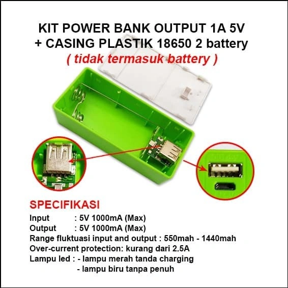Kit Power Bank 1A 5V 2 Slot Batre/Baterai 18650 + Casing Plastik