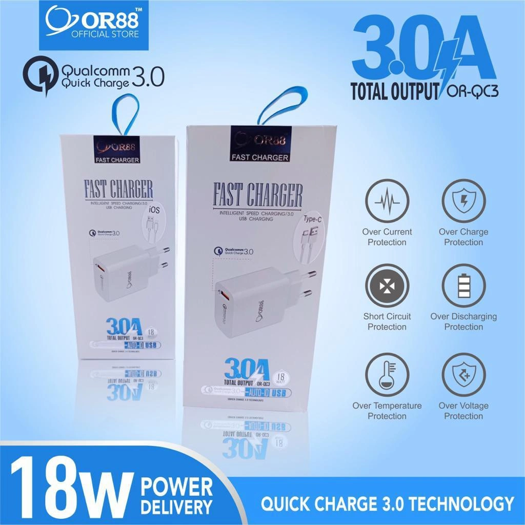 OR88 Fast Charger dengan Kabel untuk Lighting iP dan Usb C OR-QC3