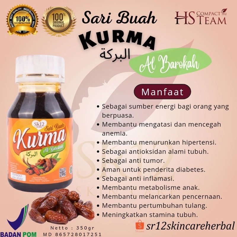 SR12 SARI BUAH KURMA 350GR / KURMA SUMBER ENERGI METABOLISME ANTIOKSIDAN MENURUNKAN HIPERTENSI