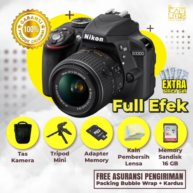 NIKON D3300 LENSA KIT + TAS BARU + MEMORY 16 GB + TRIPOD + GARANSI TOKO