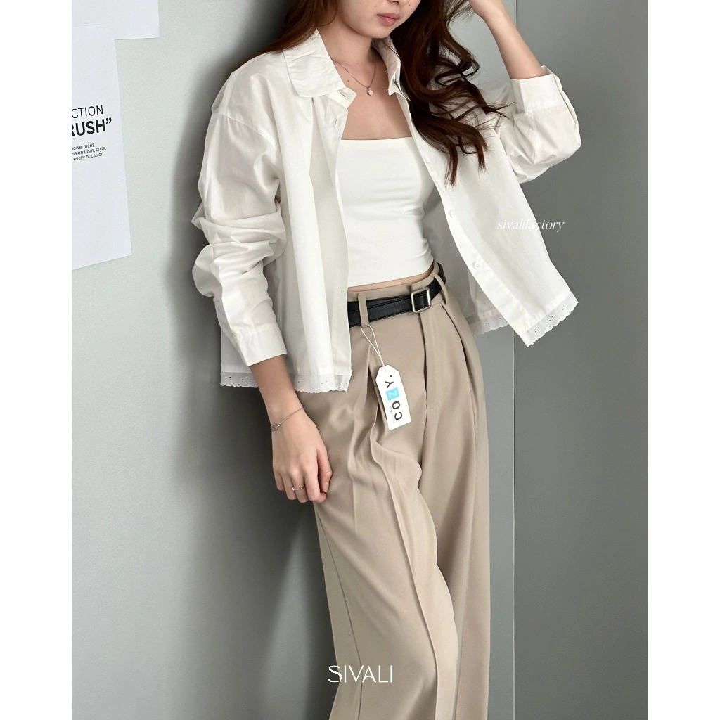SIVALI Mille Oversized Crop Shirt - Atasan Kemeja Wanita Oversize Lengan Panjang - Kemeja Kantor Formal Casual | 1922