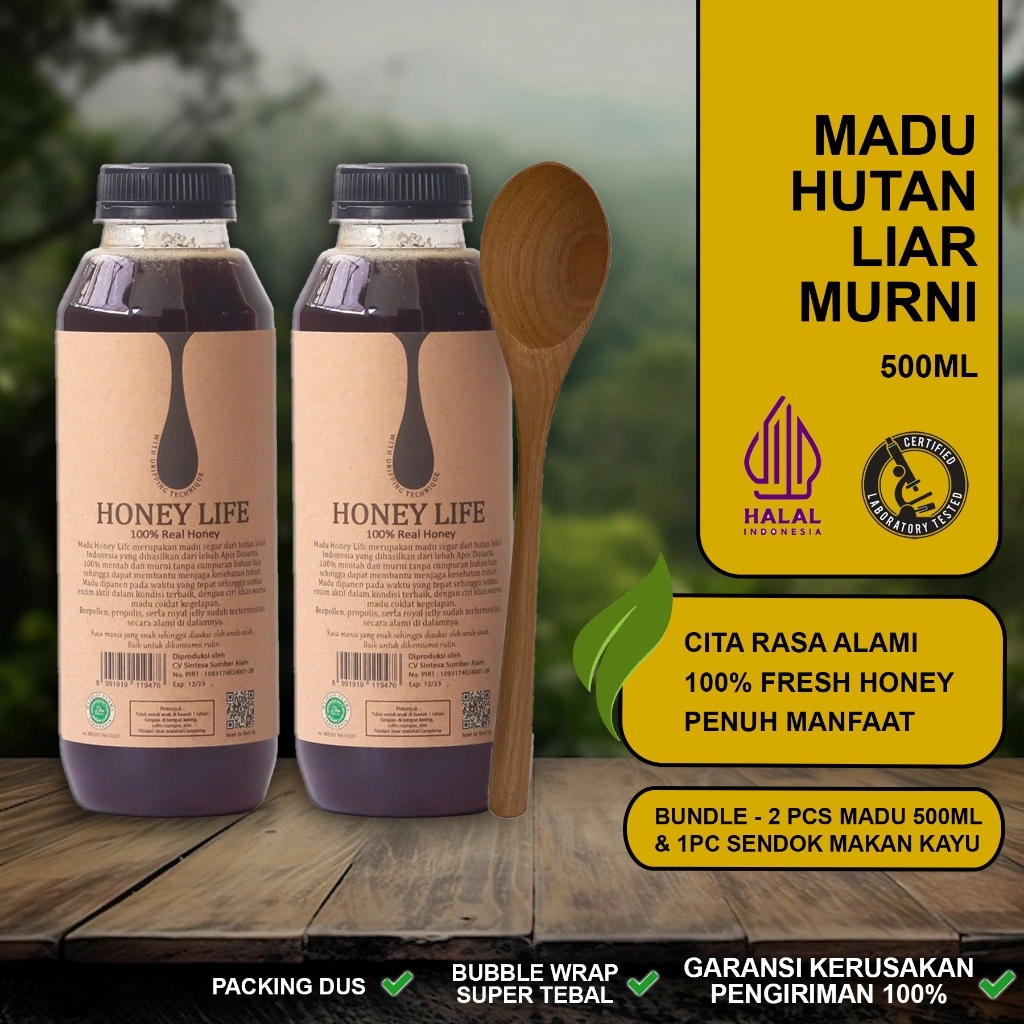 HL - Madu Hutan Honey Life 500Ml (2 Bottles) + Sendok Makan Kayu