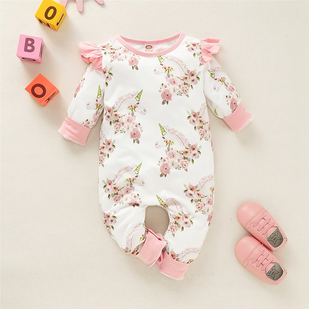 9-24Months Newborn Baby Girl Unicorn Design Jumpsuit, Toddler Baby Girl Pretty Rose Floral Ruffle Long Sleeve Romper, Infant Girl Pajamas Onesie Clothes