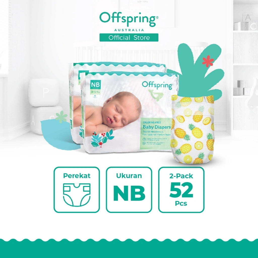 Offspring Popok Bayi Diaper SAP Bebas Klorin - Twin pack -Perekat NB26 x2