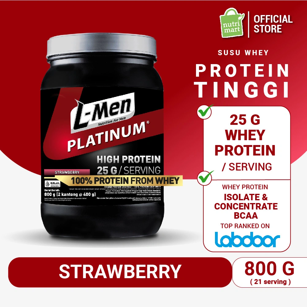 L-Men Platinum Strawberry 800 gram (25 gram protein/serving)  / 1,7lbs - 21 Serving - 5,9g BCAA dilengkapi Creatine, L-Glutamine & L-Carnitine - Suplemen Tinggi Whey Protein Rendah Lemak