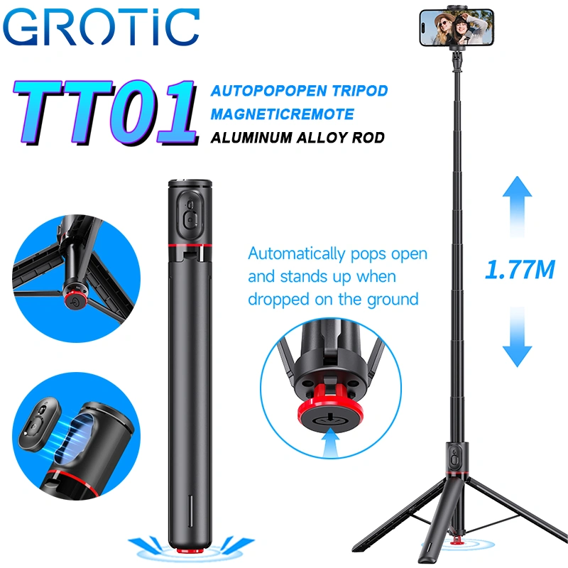 GROTIC TT01 Tripod Automatic Pop Up Selfie Stick Tongsis Tripod Bluetooth 177cm Aluminium Tripod with Magnetik Remote