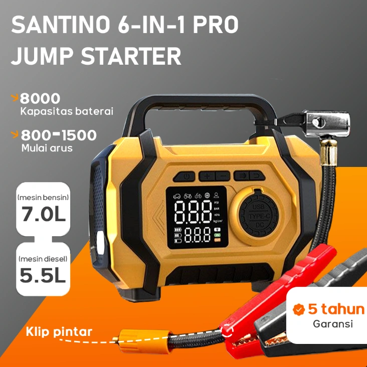SANTINO 6-in-1 Jump Starter Aki Mobil Motor Power Bank Jumper Aki Alat Jamper Aki Power Bank Mobil Jemper Aki Portabl