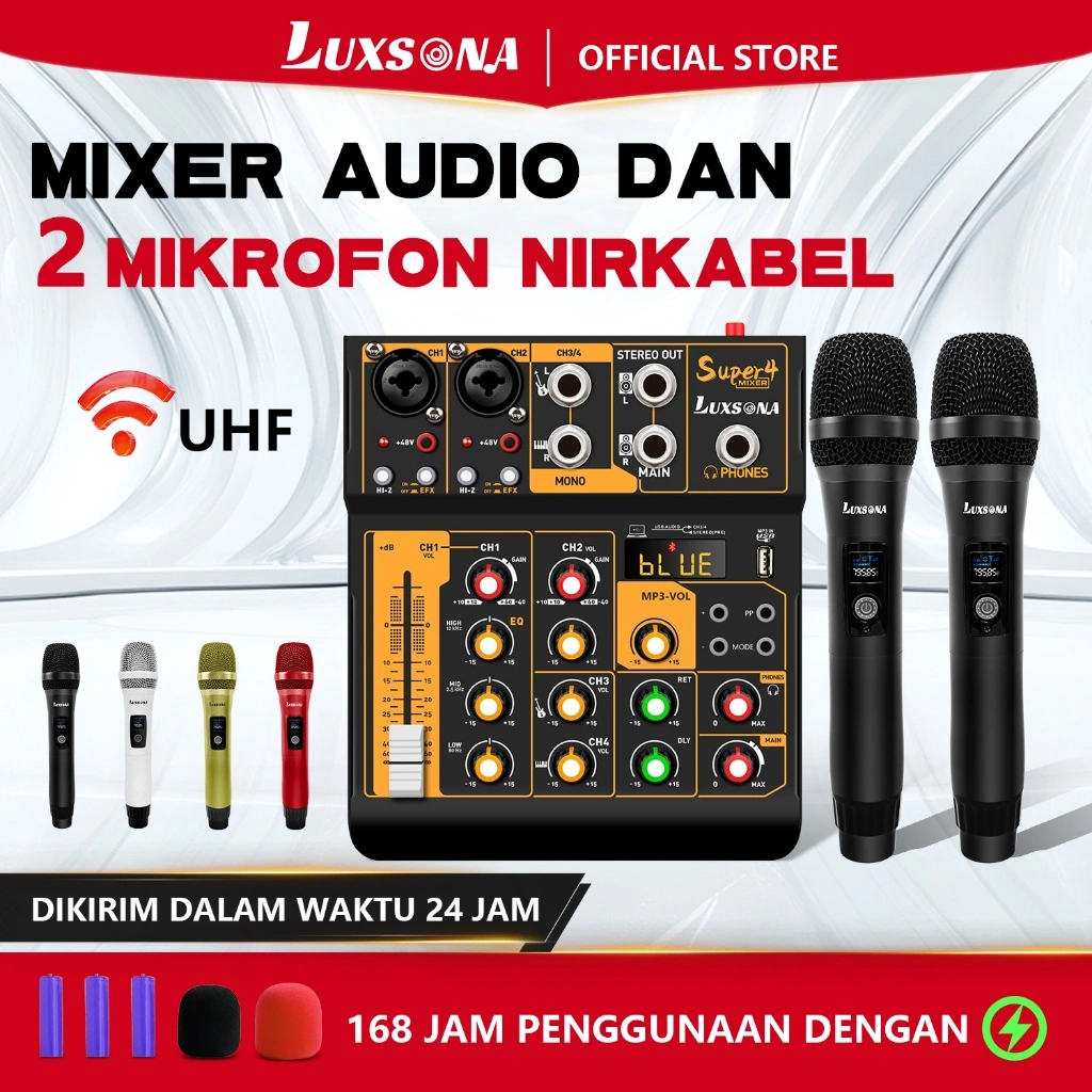 LUXSONA Mixer profesional 4 saluran + 2 mikrofon UHF/mixer audio murah/amplifier mini 4 saluran/mikrofon perekaman bluetooth USB audio