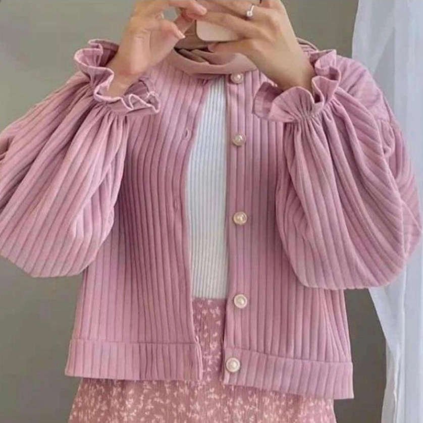Cardigan Crop Top Hornet Kancing Lengan Panjang Kerut Balon Wanita Knit Kardigan