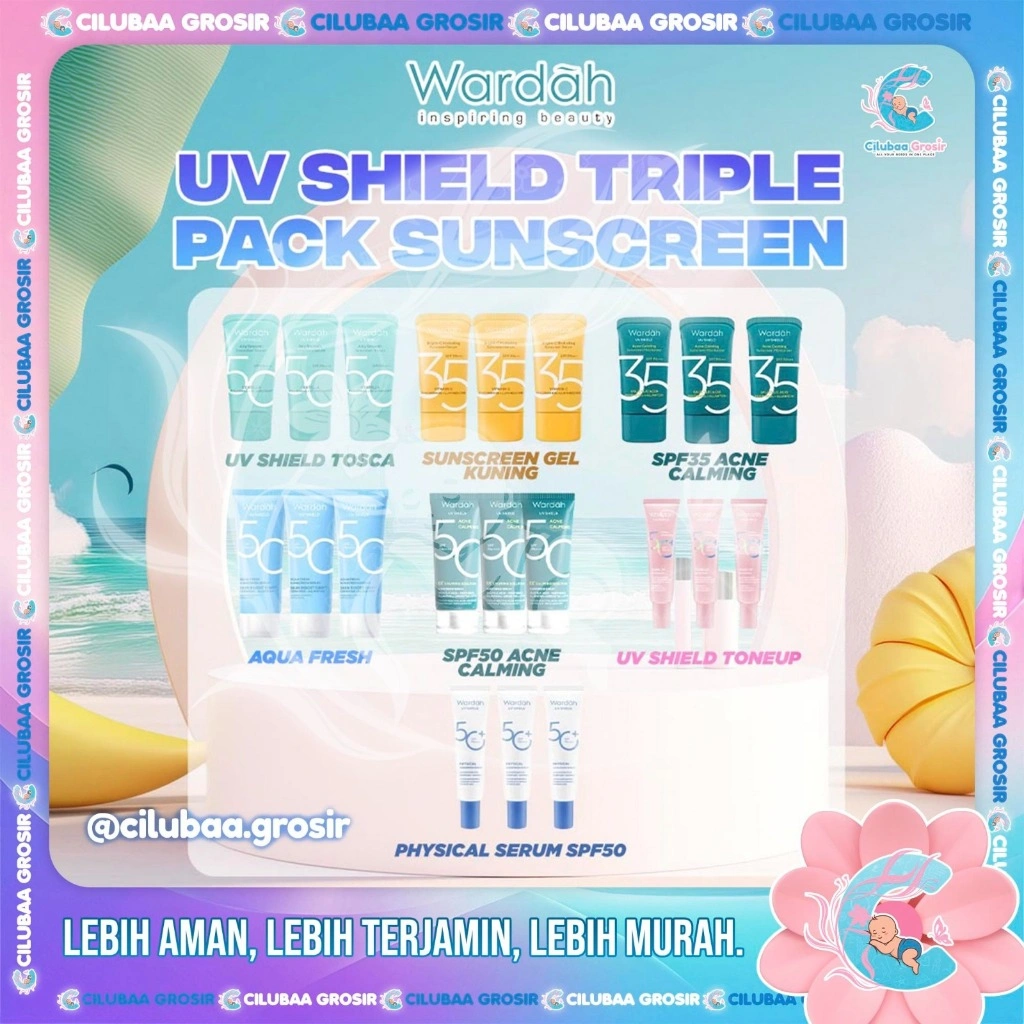 WARDAH Triple Pack UV Shield Sunscreen Gel SPF 35 SPF 50 || Acne Calming || Essensial Gel || Airy Smooth || Tone Up || Physical