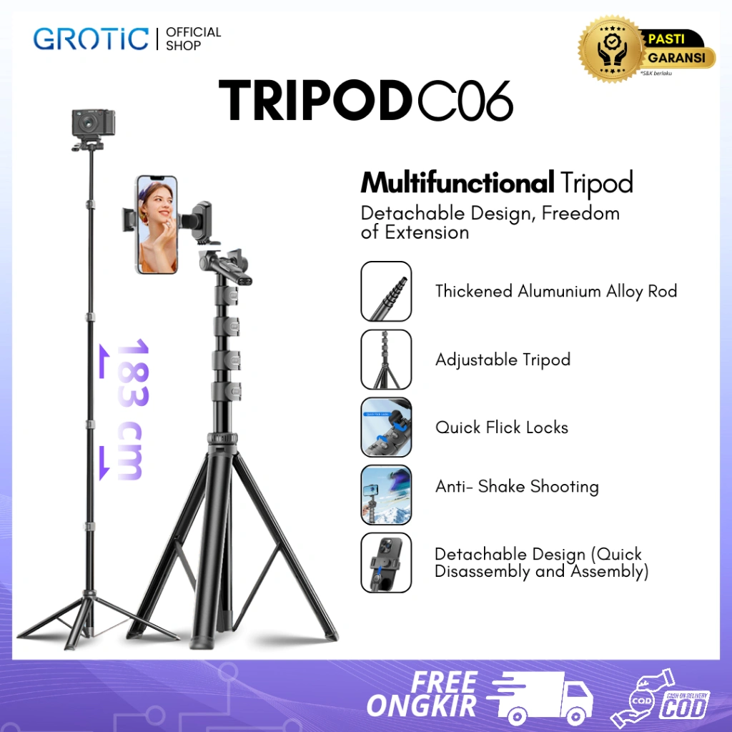 GROTIC Tripod Multifungsi 183cm untuk HP dan Kamera dengan Quick Flick Locks dan Hand Stabilizer
