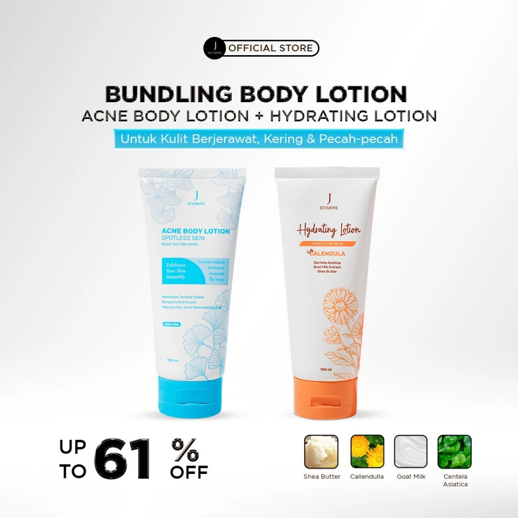 Jevarine Bundling Body Lotion Kit - Acne Body Lotion + Hydrating Lotion - Untuk Kulit Berjerawat, Kering & Pecah-pecah