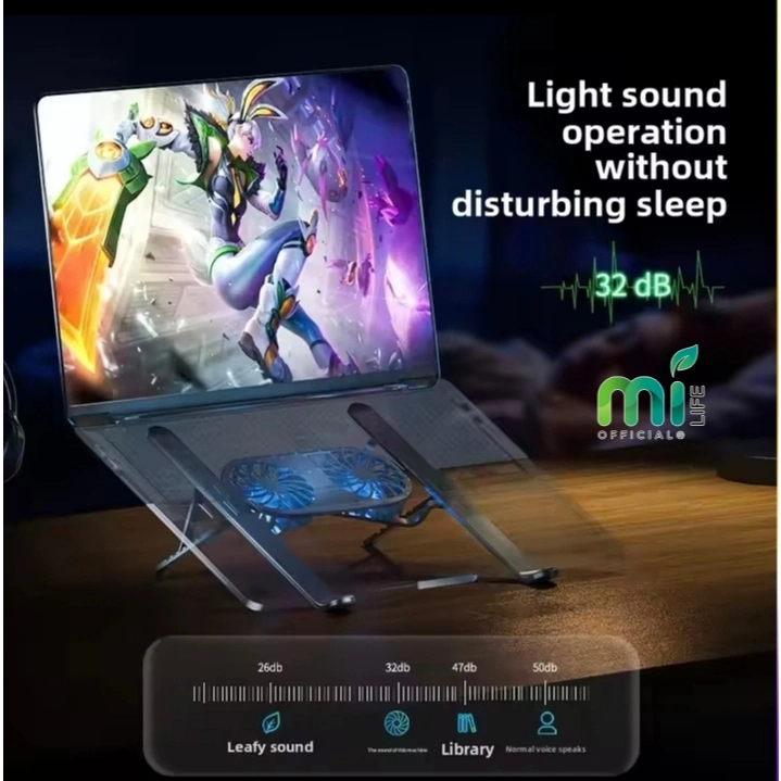 MILIFE Laptop Stand Aluminium Fan Cooling Dual Kipas Lamp Tablet Holder Penyangga LaptopFoldable