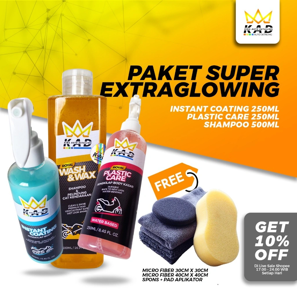 KAD KING AUTO DETAILING Paket Instant Coating 250ml + Royal Plastic Care 250ml + Royal Wash & Wax 500ml Perawatan Motor & Mobil