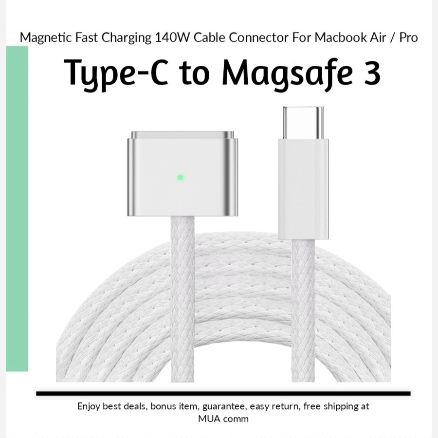 Kabel Usb Type C to Magsafe 3 Charging Cable Panjang 2M Magnetic Charger Tipe T Magsafe3 Ke Macbook Air Pro M1 M2 M3 13 14 15 16 inch 2Meter Original Magsaf3 Ori Murah 2 Meter - White
