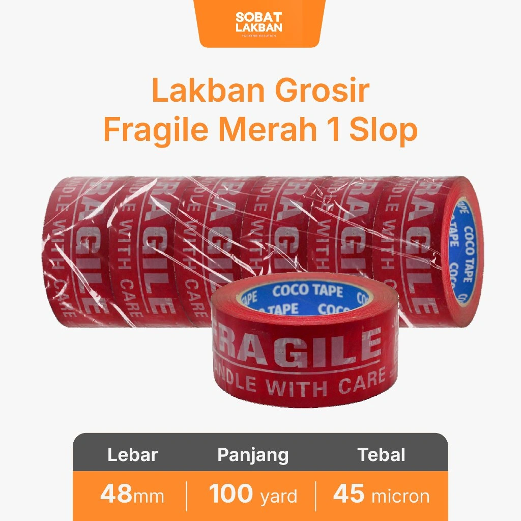 Lakban Grosir Fragile Merah Putih Unboxing Coco Tape 100 Yard 1 SLOP