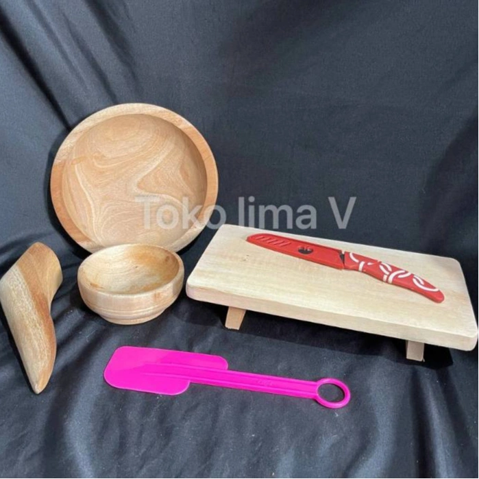 Paket Murah 6 In 1 Set Cobek Kayu + Ulekan + Talenan Kaki + Pisau + Spatula Free Cobek Mini Sambal