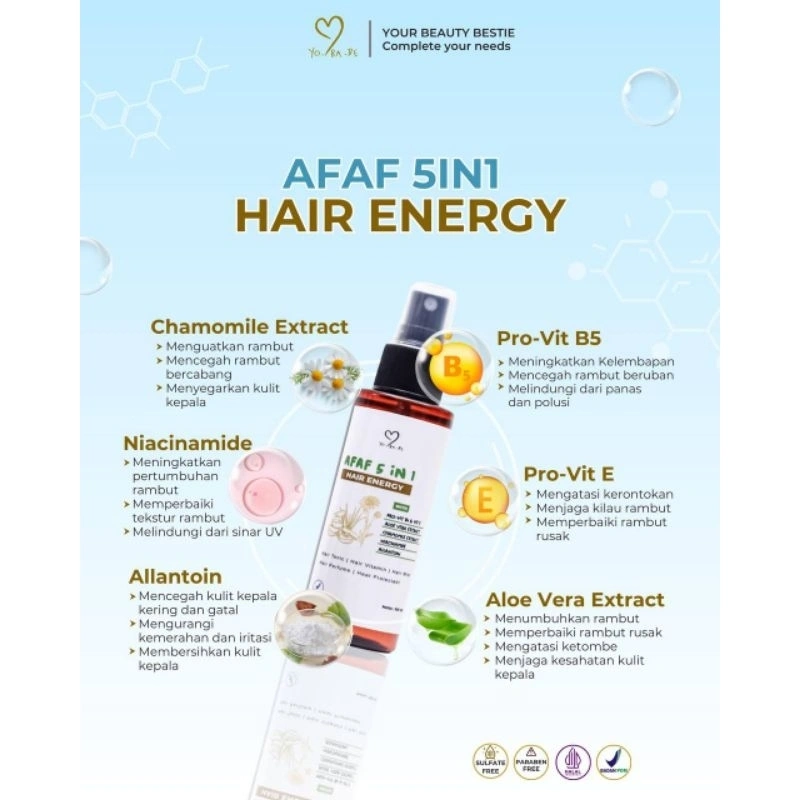 YO. BA.BE [Ready Stok] Afaf 5 in 1 Hair Energy (Hair mist, Hair perfume, Hair tonic, Hair vitamin, Heat protectant) Natural Halal BPOM yobabe