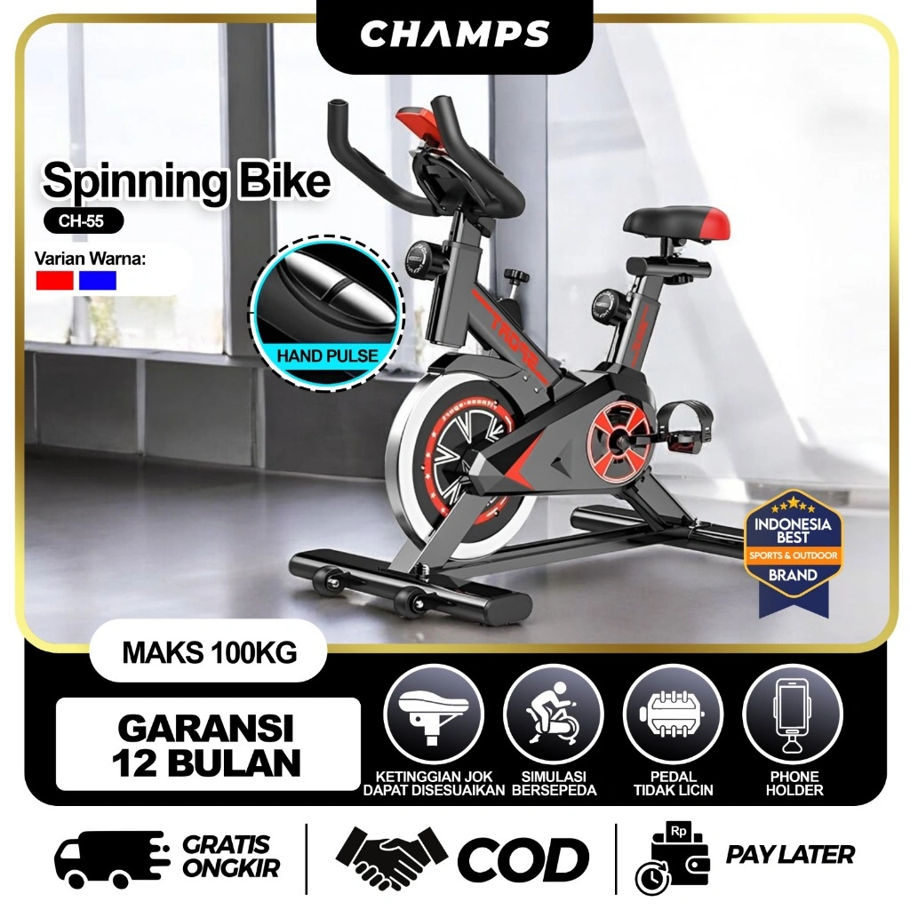 CHAMPS Spinning Bike Sepeda Statis Indoor | Alat Fitness Cardio Spin Bike Tenang & Stabil CH-55
