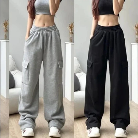 Qeelaand - Celana Cargo Wanita Bahan Fleece Pinggang Full Karet 4 Saku Aktif || Sweatpants Cargo