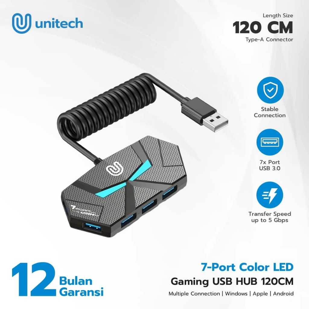 USB Hub 7 Port USB 3.0 Robotic High Speed 5Gbps | Converter Docking Station | LED 120cm Cable | Unitech