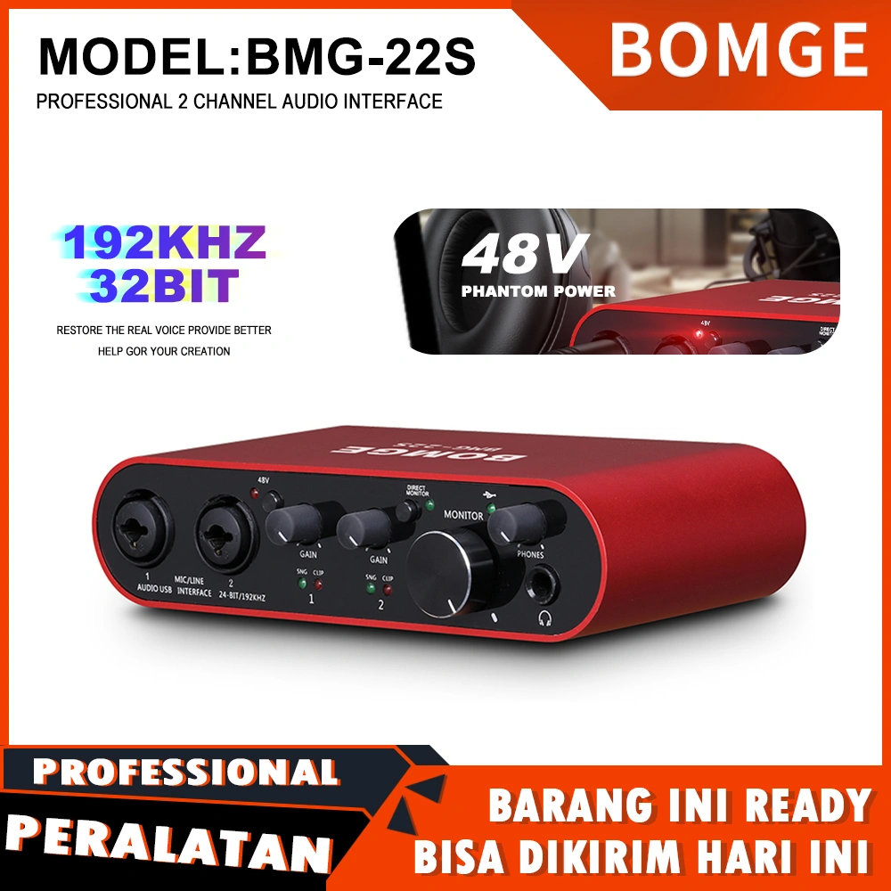 BOMGE 22S USB Audio Interface SOLO Red dengan XLR/48V Phantom Power, 32Bit/192kHz High-Fidelity, untuk Antarmuka Mixer Audio Studio untuk Gitaris, Vokalis, Podcaster, Produser, Plug and Play