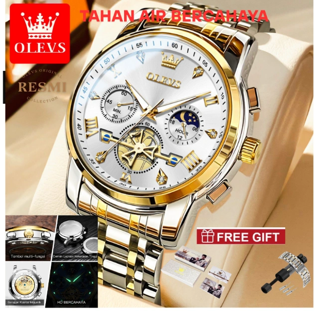 OLEVS Jam Tangan Pria Anti Air Original Keren Led Luxury Chronograph Stainless Watch Men Biru Hitam