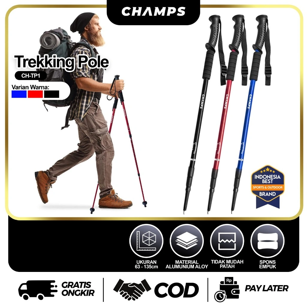 CHAMPS Trekking Pole Adjustable – Tongkat Hiking Gunung Ultralight Aluminium Alloy Pendaki & Outdoor