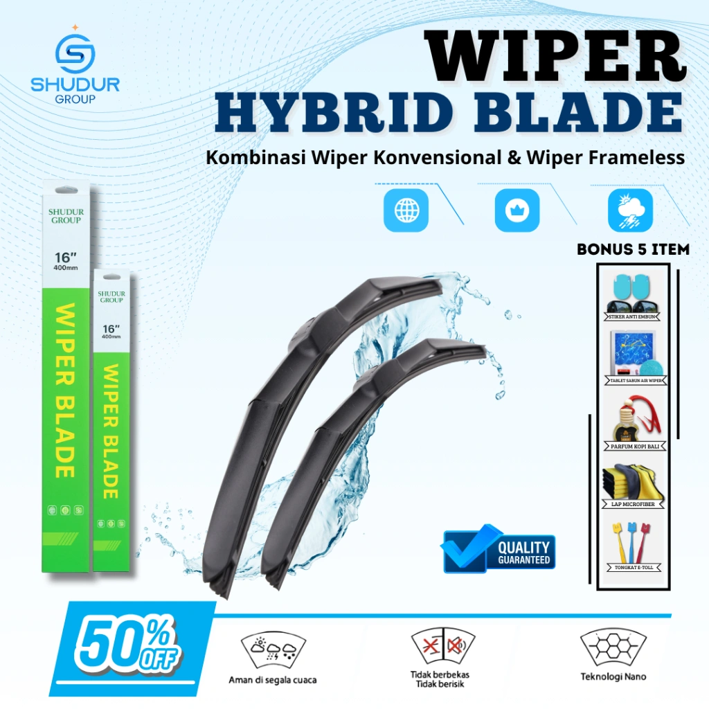 Wiper Depan Kaca Mobil Universal Model Hybrid Blade 1 Set Kiri Kanan Bonus 5 Produk - SGI