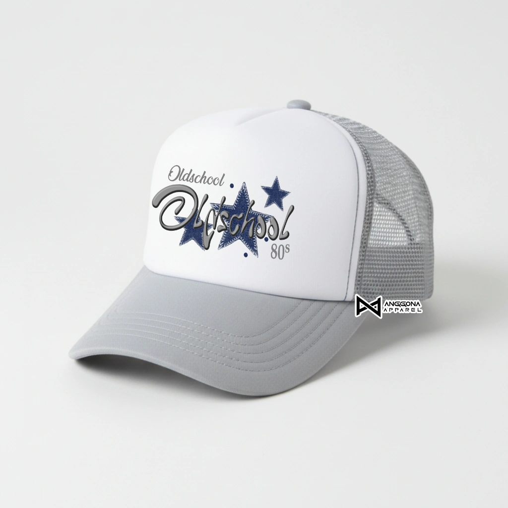Topi Trucker Oldschool 80s Desain Bintang Retro Warna Abu Putih – Topi Unisex Keren Vintage Kasual by Anggona Apparel