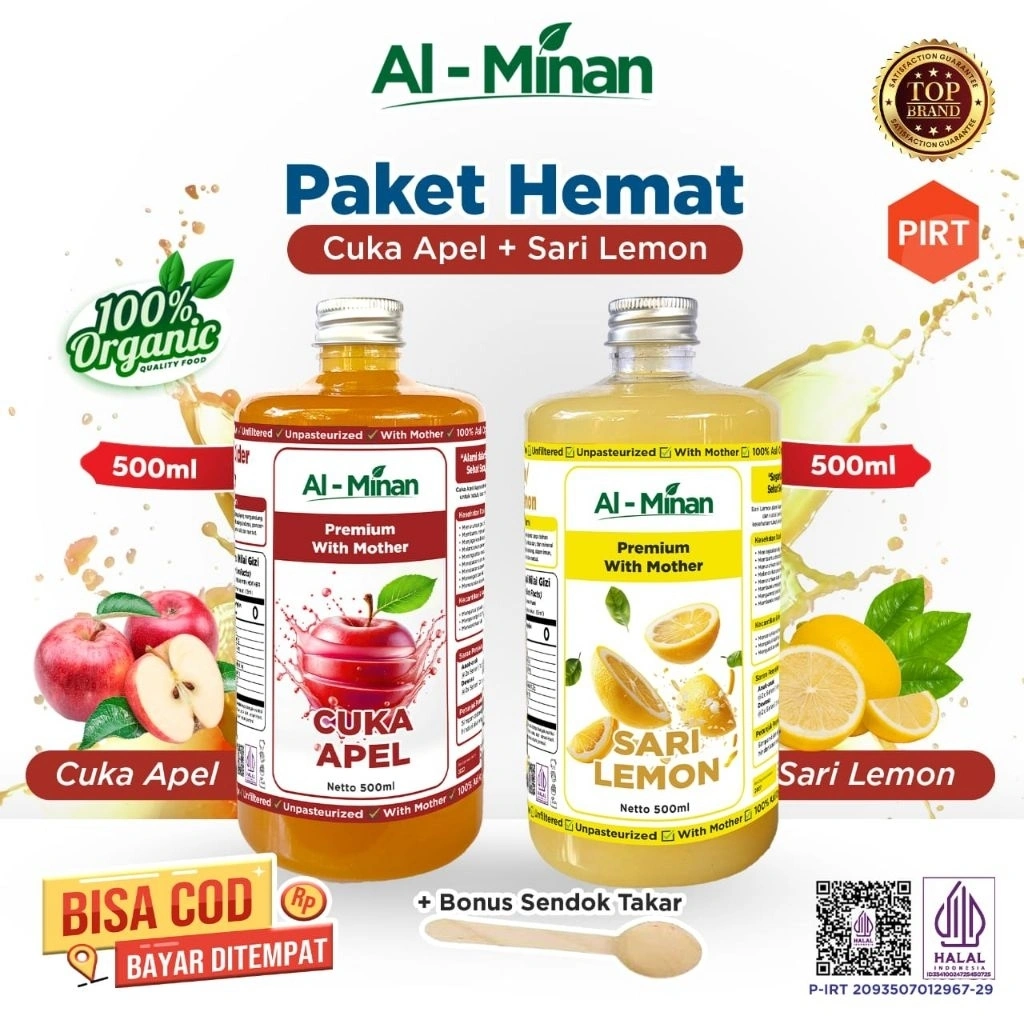 cuka apel untuk kesehatan dan sari lemon asli murni (APPLE CIDER VINEGAR) kemasan 500ml dan 500 mlh