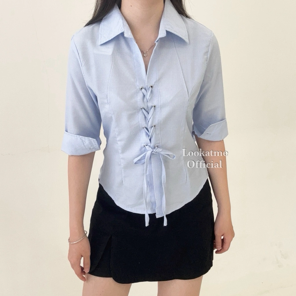 ALICE SHIRT - Atasan Kemeja Fitted Stripe Salur Wanita Kerah Vneck Lengan 3/4 Formal Look Bahan Cotton Adem Nyaman