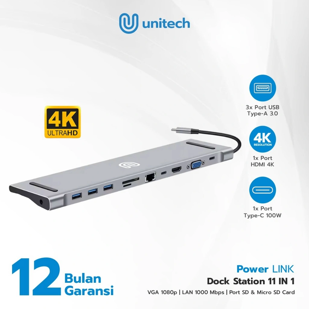 Unitech Docking Station Multifungsi 11 in 1 Type-C dengan HDMI/VGA, RJ45, Audio, dan SD Card Reader