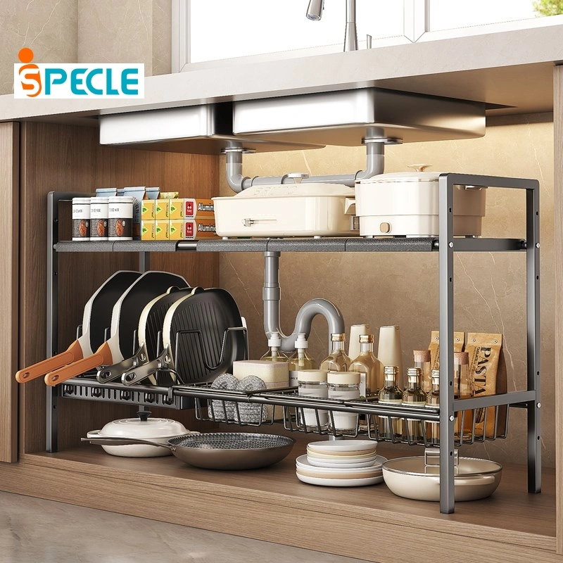 iSPECLE Rak Panci Dapur Extendable Rak Penyimpanan Serbaguna Rak Bawah Wastafel Rak Kolong Dapur Stainless Steel