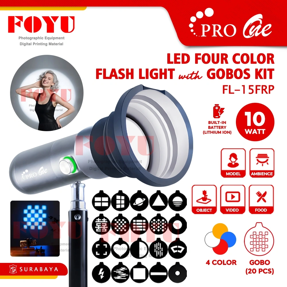 Pro One LED 4 Warna Photography Flash Light Lampu Senter Battery dan 20 Gobos Gobo Kit Bentuk FL-15FRP Spotlight Ambience Sorot 10W 10 Watt Foto Video Film Self Studio Siaran Streaming Podcast Konten Conten