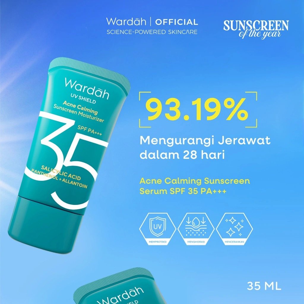 Wardah Sunscreen UV Shield Acne Calming Serum SPF 35 PA++++ - Untuk Kulit Komedo, Jerawat, Bekas Jerawat, Kulit Berminyak - Tekstur Gel Ringan Mudah Meresap - Sunscreen No. 1 Sunscreen of the Year - Skincare