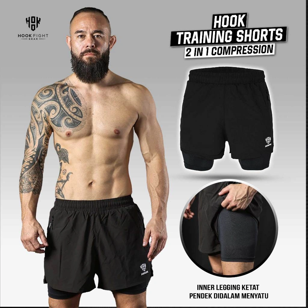 Hook Celana 2 in 1 Olahraga Pria Running Shorts Celana Lari Pendek Legging Double Layer Gym Pants Fitness Compression Shorts 1CX2N