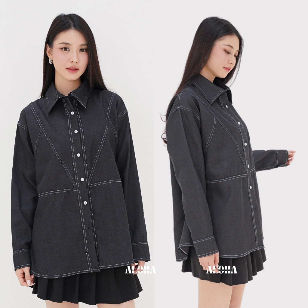 ALOHA Haneul Overshirt Denim Triangle Contrast Stitched 2108 | Atasan Kemeja Denim Oversize Wanita