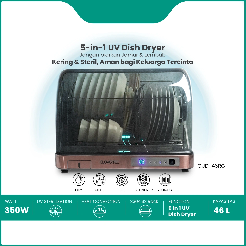 CLOVERTEC UV Dish Dryer Sterilizer 46L Rak Pengering Piring 350W CUD-46RG