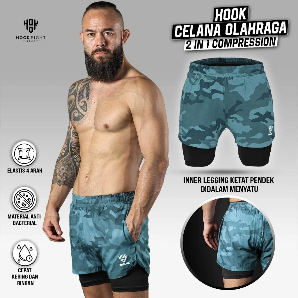 Hook Celana 2 in 1 Olahraga Pria Running Shorts Celana Lari Pendek Legging Double Layer Gym Pants Fitness Compression Shorts 1CX1N
