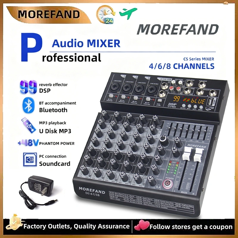 Mixer AUDIO Profesional Panggung/KTV DJ 4/6/8 Channel - 99 Efek SP + Equalizer Terpasang | Bluetooth 5.0 / Pemutaran MP3 / Perekaman | Daya 48V, Output Multi-Interface Power Amplifier Mixer
