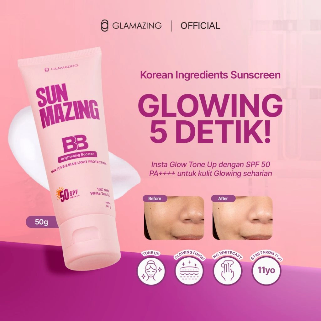 GLAMAZING Sunmazing Brightening Booster 50 ml – Sunscreen Tone Up + Brightening Skincare SPF 50 PA++++, Wajah Cerah Glowing
