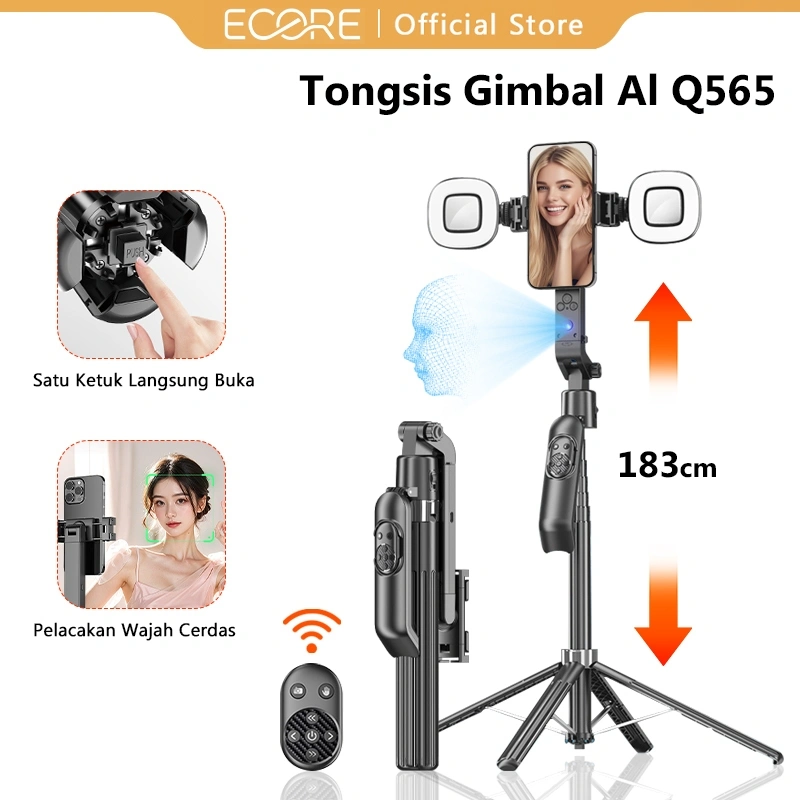 ECORE Q565 Tongsis Auto Face Tracking Tripod 183CM Gimbal Handphone Stabilizer 360° Stand 4-leg Tongsis 7 Tombol Remote Control Bluetooth dengan LED LAMPU Untuk Vlogging