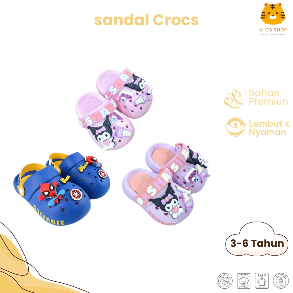 Nico Babyshop Sandal Cross Anak Karakter Kuromi Pink / Spiderman Biru